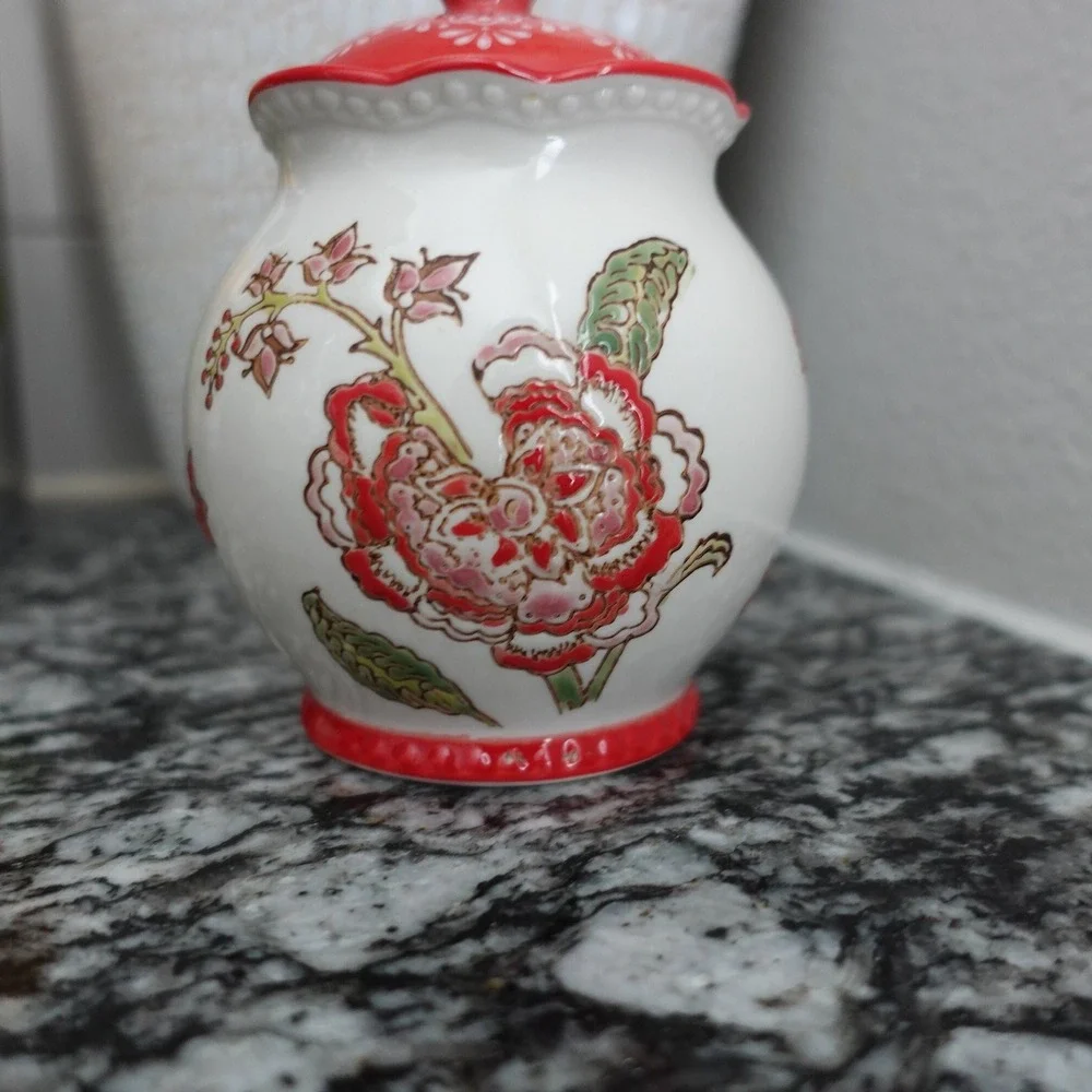 Dutch Wax Coastline‎ Imports Red Floral Handpainted Ceramic Sugar Bowl with Lid